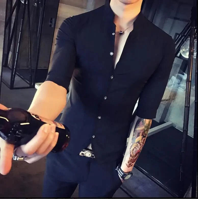 Showlu Stylo men's slim fit stand-up collar shirt with half sleeves, lightweight summer top in a sleek, modern design.