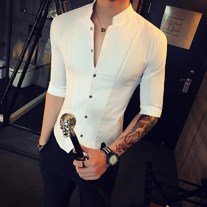 Showlu Stylo men's slim fit stand-up collar shirt with half sleeves, stylish summer top in a sleek design.