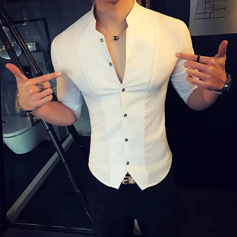 Showlu Stylo men's slim fit stand-up collar shirt with half sleeves, lightweight summer top, stylish casual men's clothing.