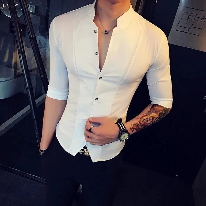 Showlu Stylo men's slim fit stand-up collar shirt with half sleeves, stylish summer top in a sleek design.