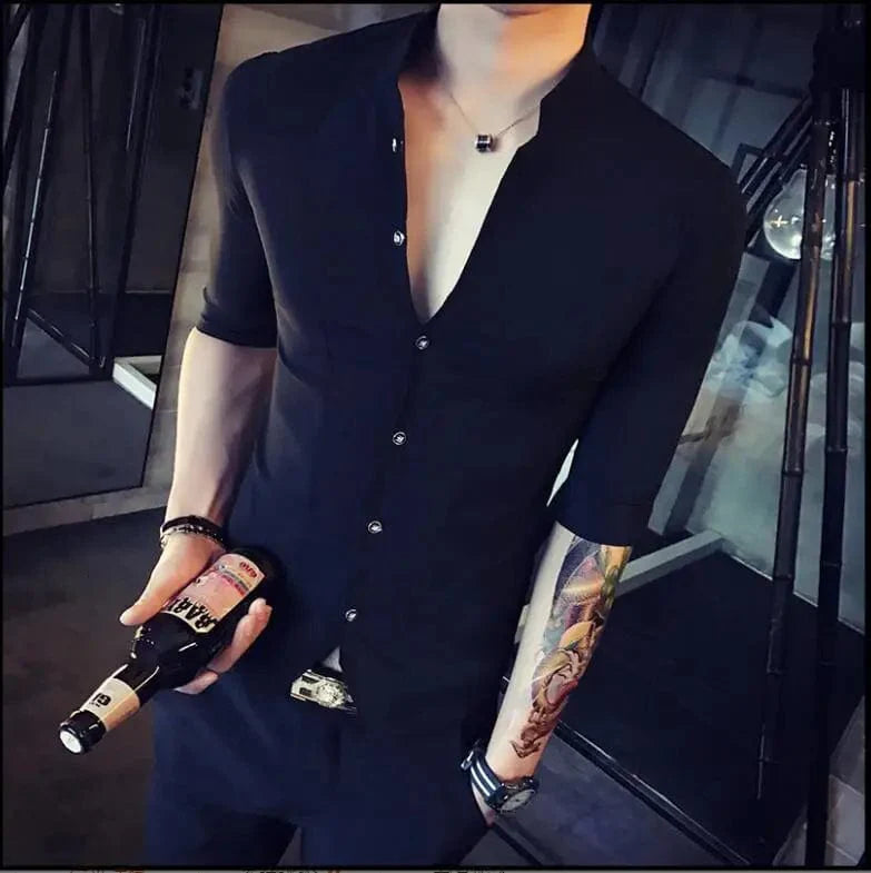 Showlu Stylo men's slim fit stand-up collar shirt with half sleeves, lightweight and stylish for casual summer wear.