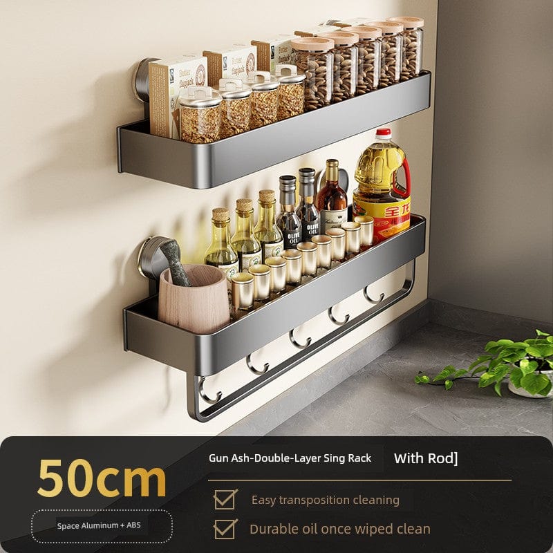 SHOWLU Space Aluminum Suction Cup Wall Condiment Hook Rack with punch-free design and multiple hooks for kitchen organization.