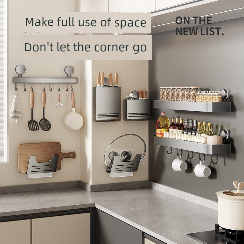 SHOWLU Space Aluminum Suction Cup Wall Condiment Hook Rack organizer with punch-free design and multiple hooks for kitchen storage.