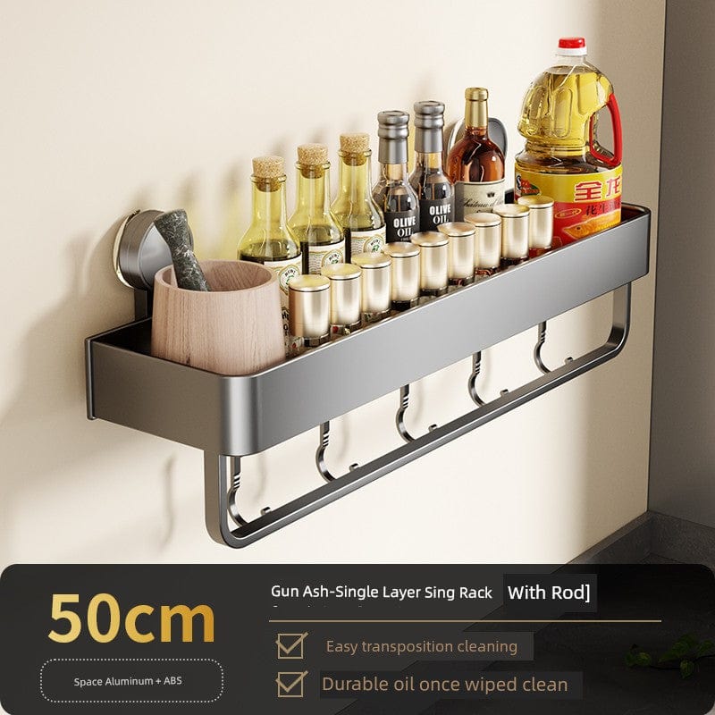 SHOWLU Space Aluminum Suction Cup Wall Condiment Hook Rack with punch-free design for kitchen organization and easy installation.