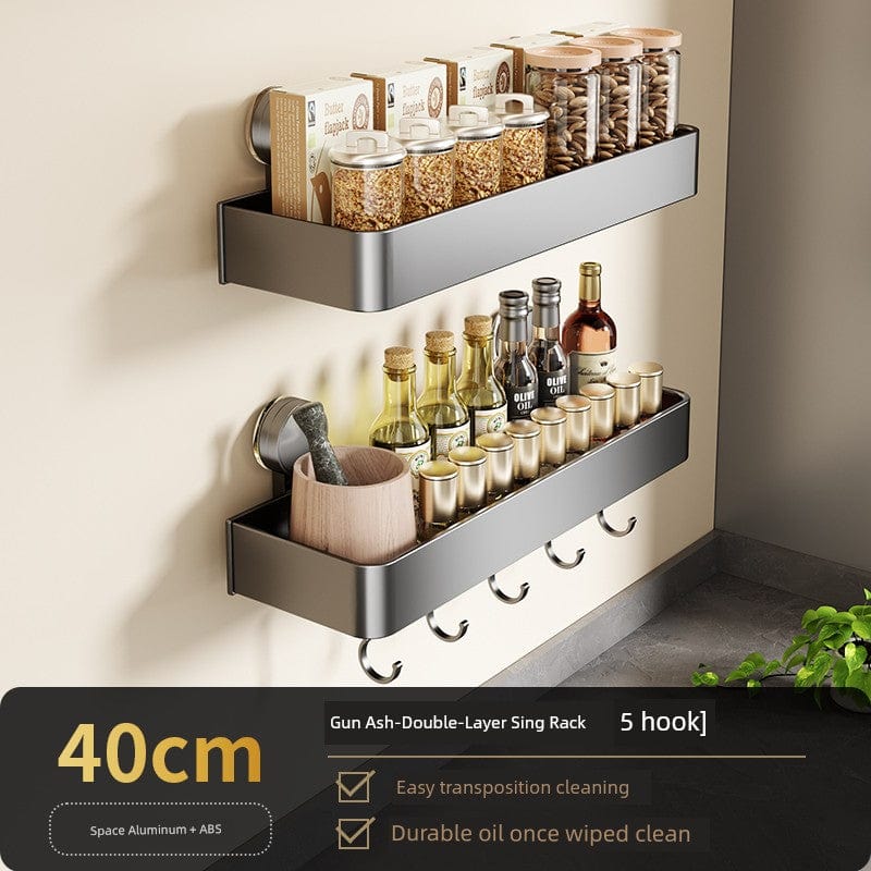 SHOWLU Space Aluminum Suction Cup Wall Condiment Hook Rack Organizer with punch-free design and multiple hooks for kitchen storage