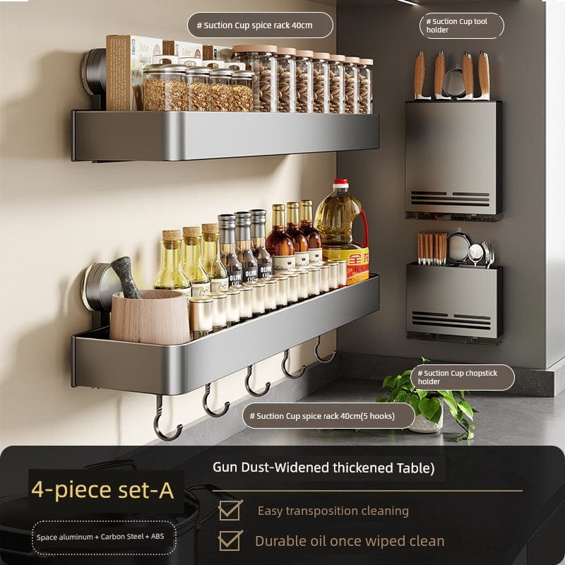 SHOWLU Space Aluminum Suction Cup Wall Condiment Hook Rack organizer mounted on a kitchen wall with hooks for utensils.