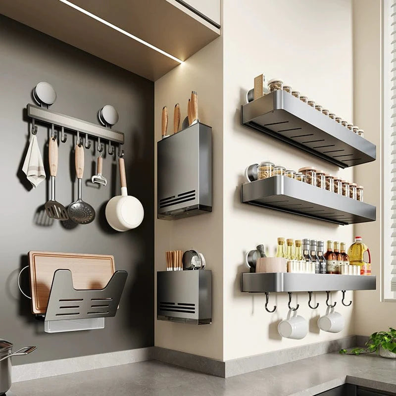 SHOWLU Space Aluminum Suction Cup Wall Condiment Hook Rack with punch-free design for kitchen organization