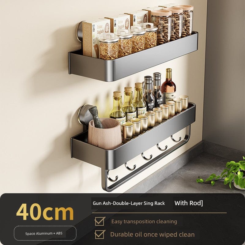SHOWLU Space Aluminum Suction Cup Wall Condiment Hook Rack with punch-free design, ideal for kitchen organization.