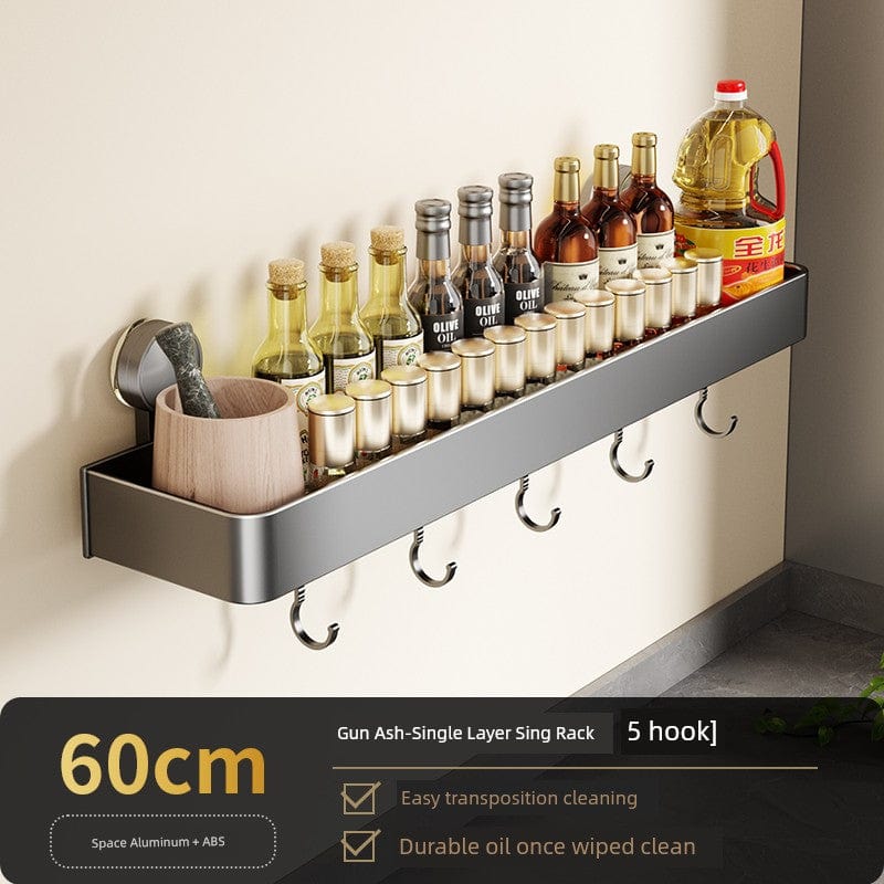 SHOWLU Space Aluminum suction cup wall hook rack for condiments, punch-free and easy to install on kitchen or bathroom walls.