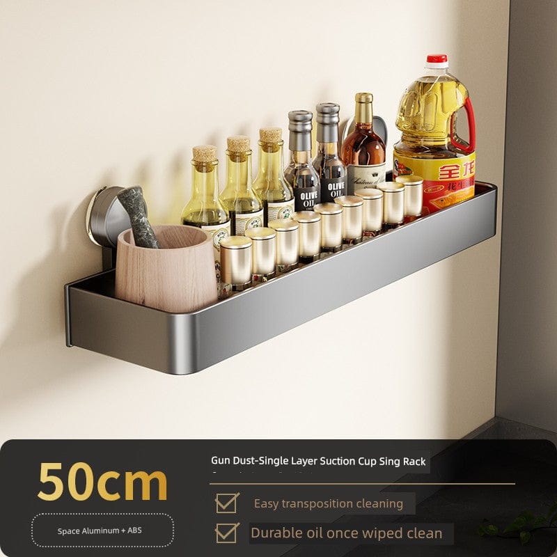 SHOWLU Space Aluminum Suction Cup Wall Condiment Hook Rack organizer mounted on kitchen wall with suction cups for easy installation