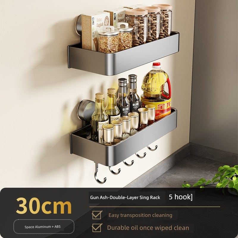 SHOWLU Space Aluminum suction cup wall condiment hook rack with punch-free design, ideal for kitchen organization and storage.