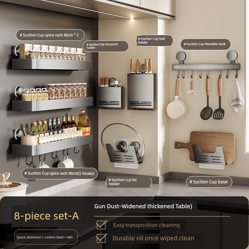 SHOWLU Space Aluminum Suction Cup Wall Hook Rack with punch-free design for organizing condiments and kitchen essentials.