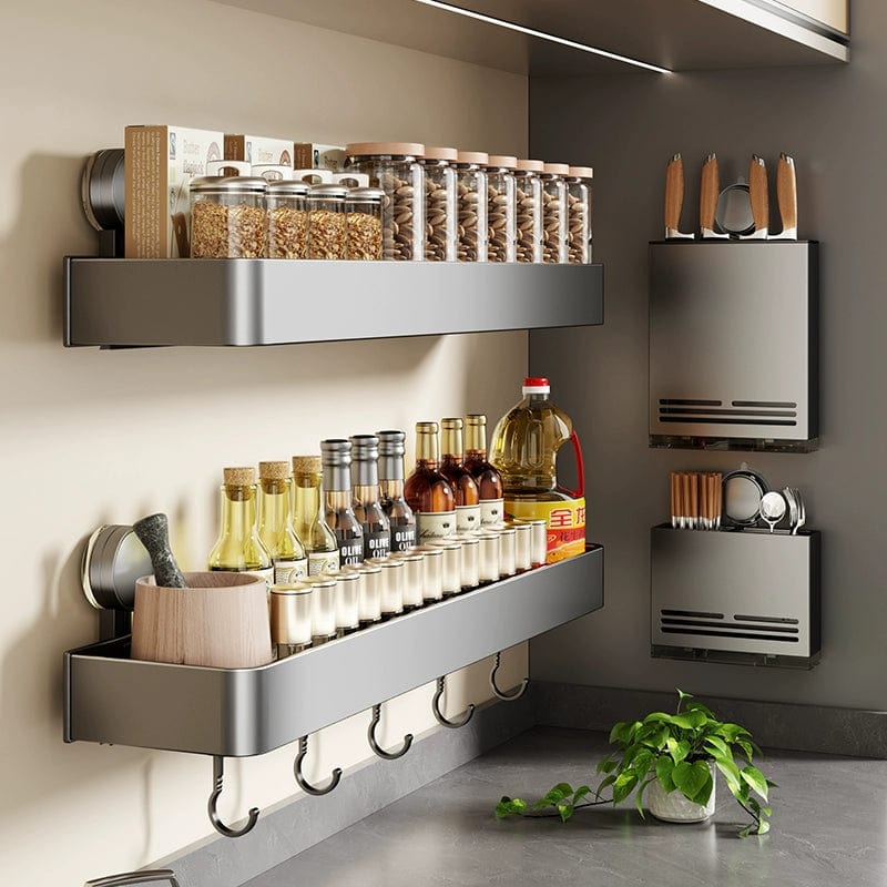 SHOWLU Space Aluminum Suction Cup Wall Condiment Hook Rack with punch-free design for organizing kitchen or bathroom essentials.
