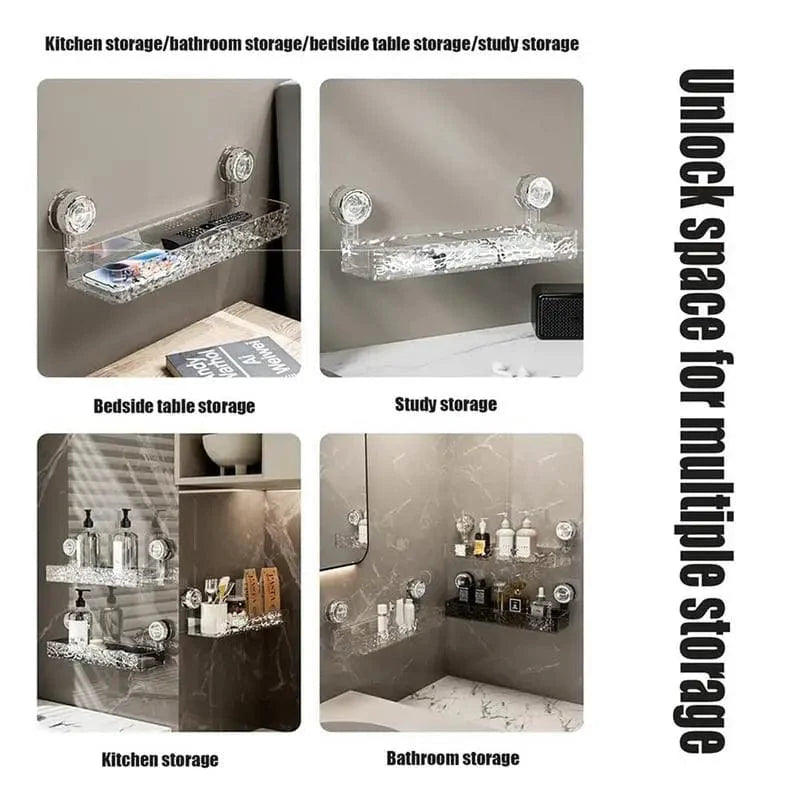 Showlu Rectangle Suction Cup Bathroom Shelf, no drill organizer for shower, countertop, or kitchen, featuring easy-to-attach suction cups.