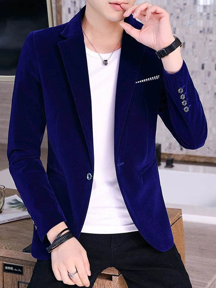 Men's gold silk velveteen suit blazer by SHOWLU FASHION STORE, winter fleece-lined, Korean-style, plus size, solid top for autumn and winter.