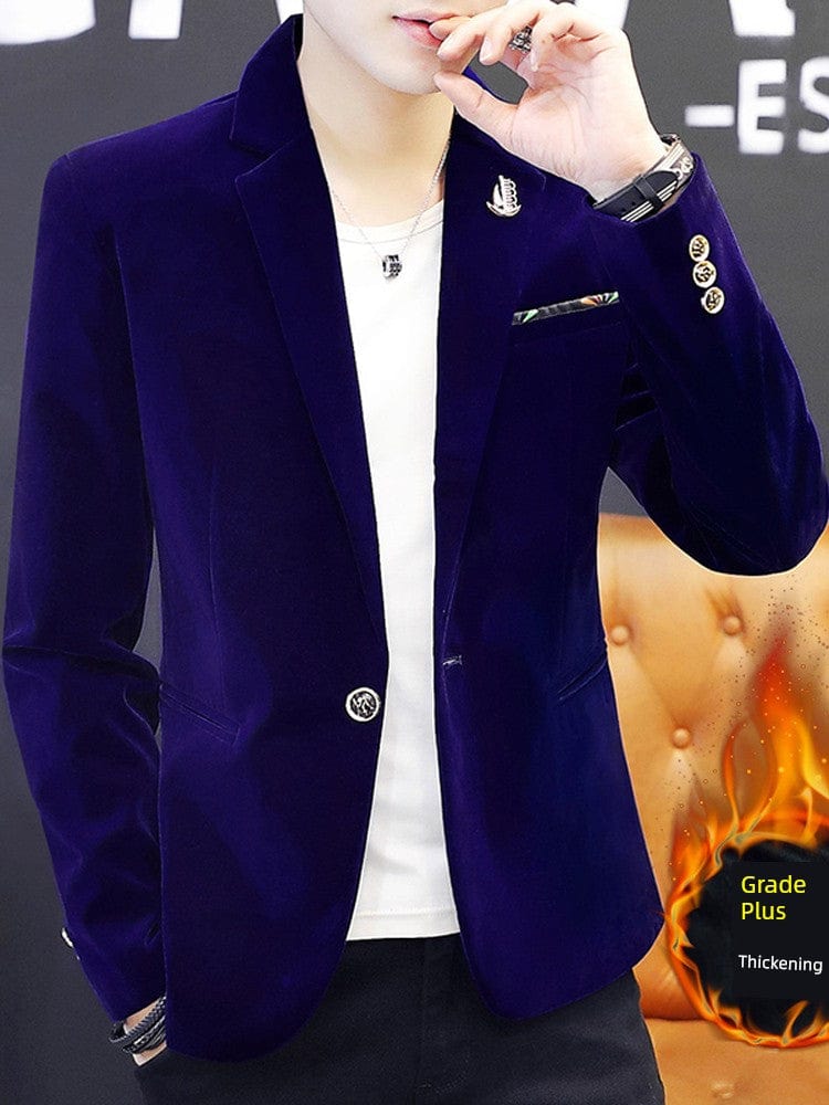 Men's gold silk velveteen blazer from SHOWLU FASHION STORE, winter fleece-lined suit with a modern Korean style design.