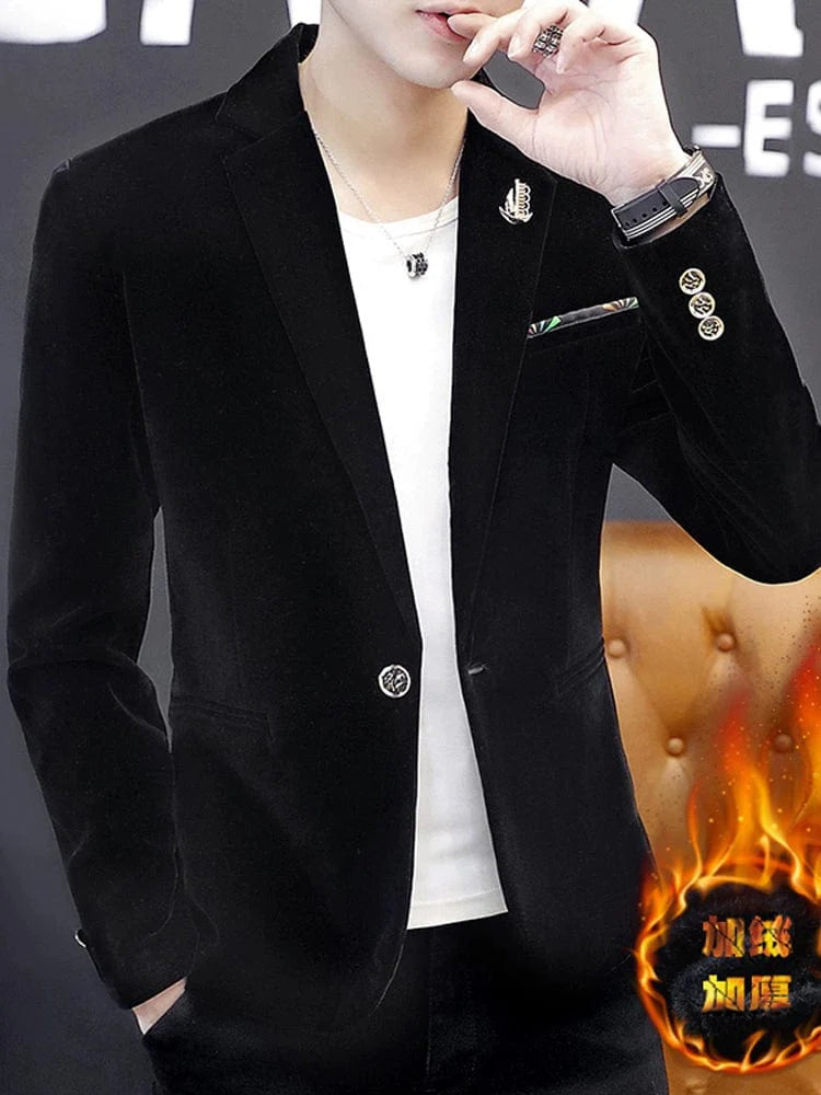 Men's gold silk velveteen blazer by SHOWLU FASHION STORE, winter fleece-lined suit jacket with a classic British style.