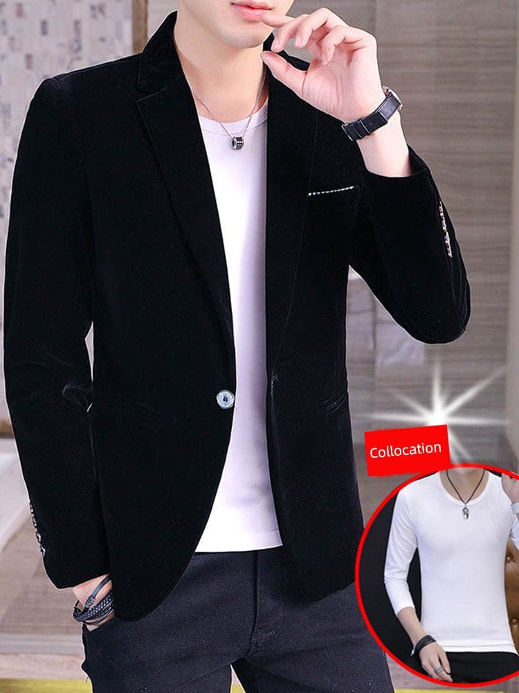 Men's gold silk velveteen winter suit blazer, fleece-lined, Korean style, plus size, showing the stylish velvet-textured outerwear.