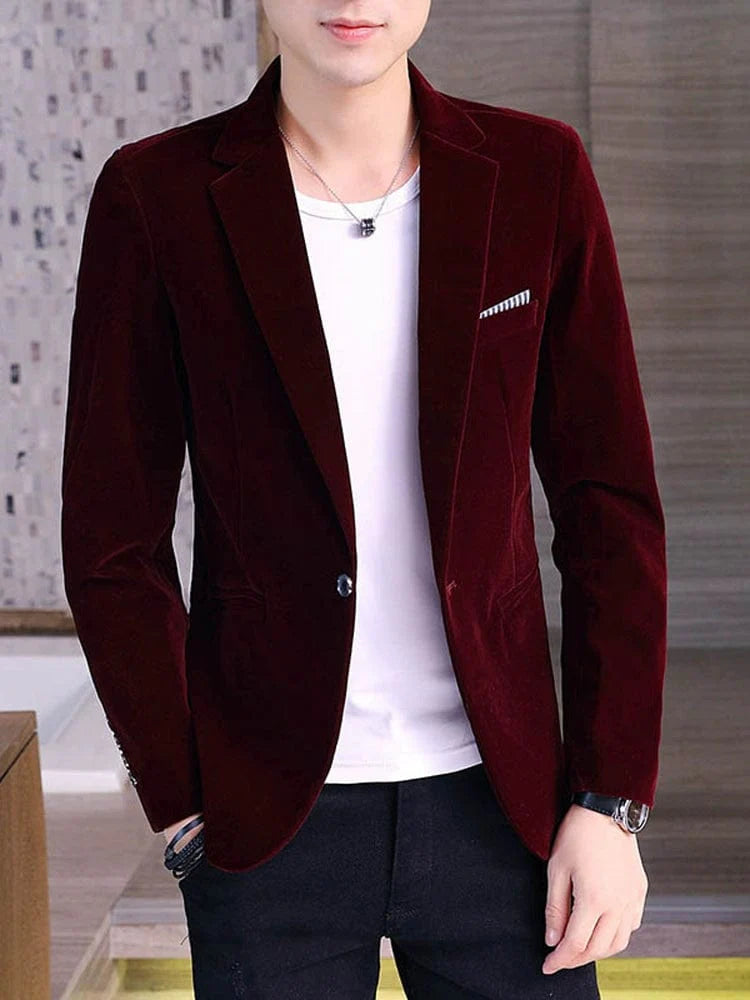 Men's gold silk velveteen suit blazer with winter fleece lining, stylish Korean-inspired men's outerwear by SHOWLU FASHION STORE.