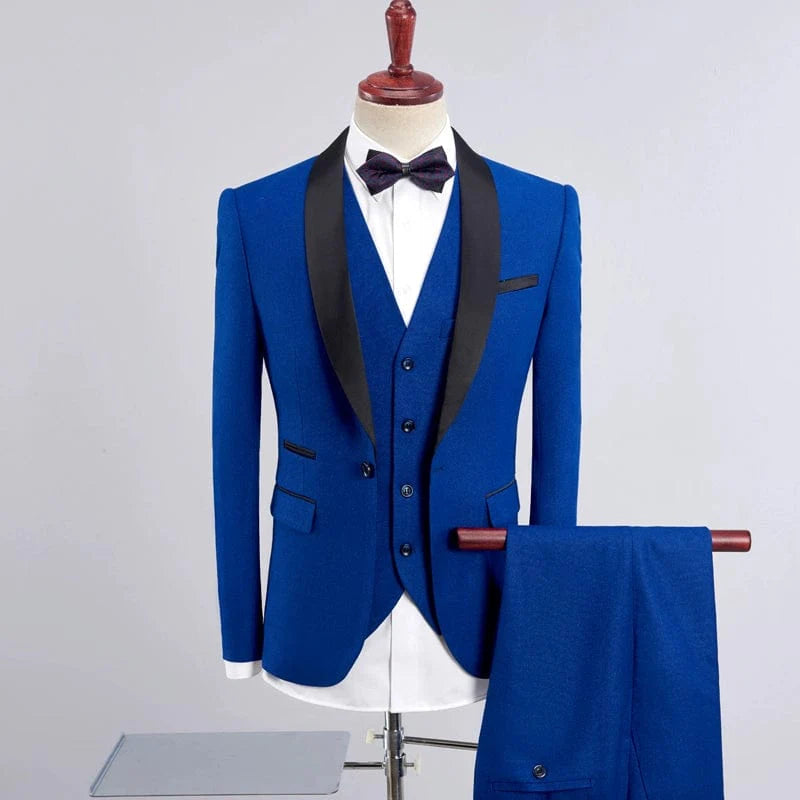 Men's slim fit three-piece business suit with shawl collar, black tuxedo style, tailored for formal occasions, by Showlu Fashion Store.