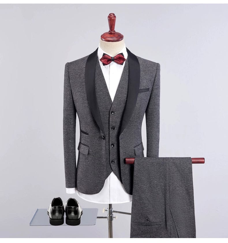 Showlu Fashion Men’s three-piece slim fit business suit with shawl collar, perfect for formal occasions and professional events.