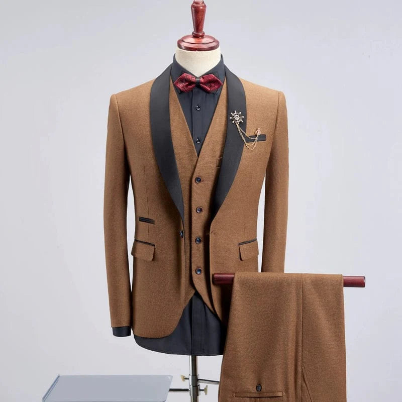 Men's slim fit three-piece business suit with shawl collar tuxedo, shown in black, styled for formal occasions.