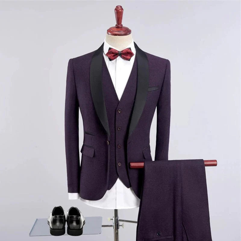 Men's slim fit three-piece business suit with shawl collar, stylish tuxedo design by Showlu Fashion Store.