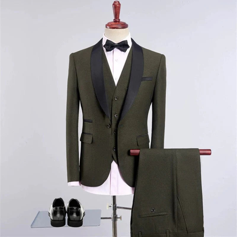Showlu Fashion Men's three-piece slim fit business suit with shawl collar, perfect for formal occasions and professional attire.