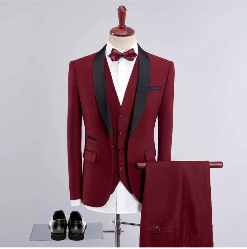 Men's slim fit three-piece business suit with shawl collar, showlu fashion brand, tailored for a sharp, professional look.