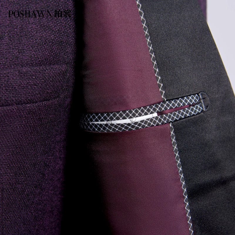 Men's slim fit three-piece business suit with shawl collar, shown in a modern, stylish design from Showlu Fashion Store.
