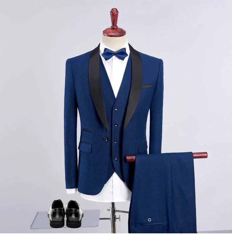 Showlu Fashion men's three-piece slim fit tuxedo suit with shawl collar, ideal for formal business and special occasions.