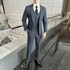 (Suit + Vest + Trousers) Quality Suit Suit Male Three - piece Korean Version of Fashion Handsome Slim Business Casual Wedding Suit - SHOWLU FASHION STORE