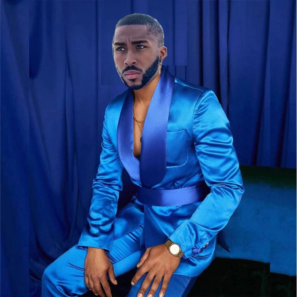 Showlu men's blue slim fit wedding suit with two-piece jacket and pants, featuring shawl lapel for formal occasions.