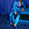 Showlu men's blue slim fit wedding suit with two-piece jacket and pants, featuring a shawl lapel for formal occasions.