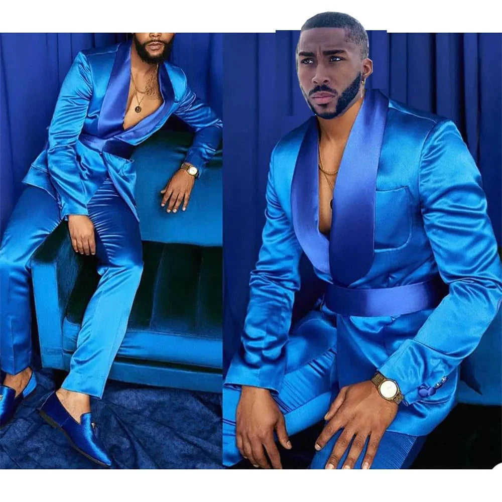Elegant blue men's slim fit wedding suit by Showlu Fashion, two-piece tuxedo with shawl lapel and tailored jacket and pants.