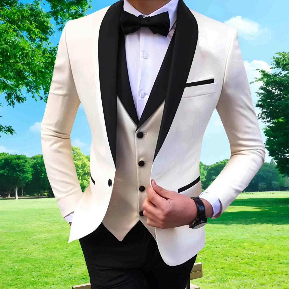 Men's slim fit 3-piece wedding tuxedo by SHOWLU FASHION STORE featuring a blazer, vest, and pants for formal or smart casual occasions.