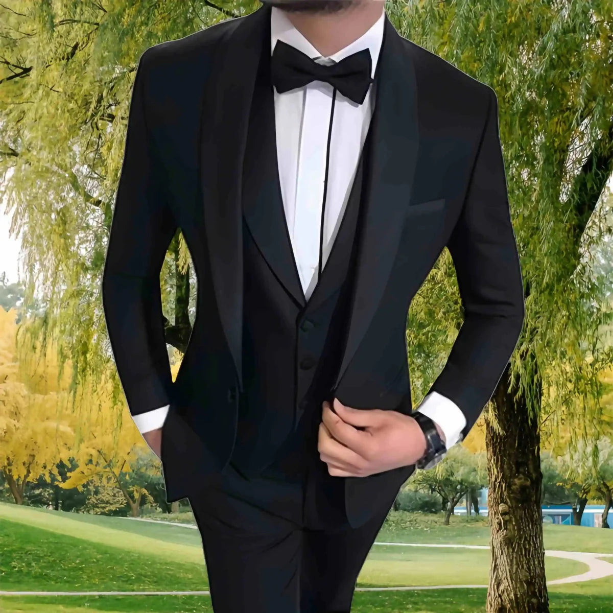 Slim fit men's wedding tuxedo by SHOWLU FASHION STORE, three-piece suit with blazer, vest, and trousers for formal occasions.