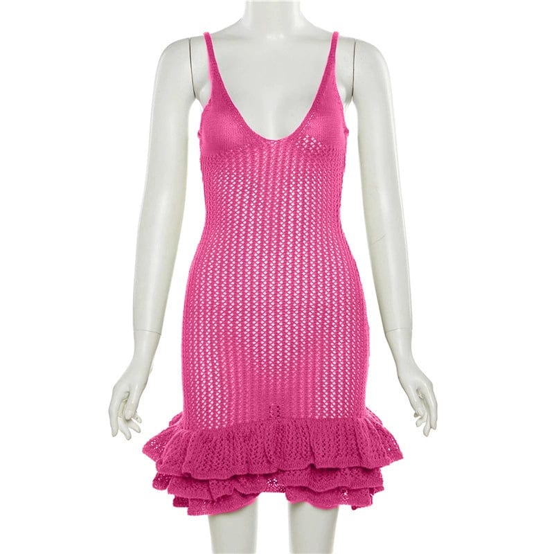 Knee-length Showlu Fashion sultry knitted cut-out sling dress with stylish design and fitted silhouette, perfect for fashionable occasions.