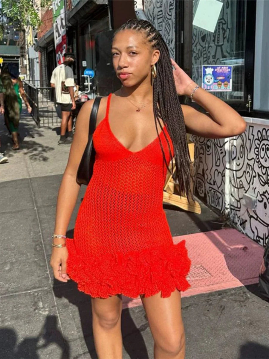 Knee-length Showlu Fashion sultry knitted sling dress with cut-out details, stylish and form-fitting for a trendy look