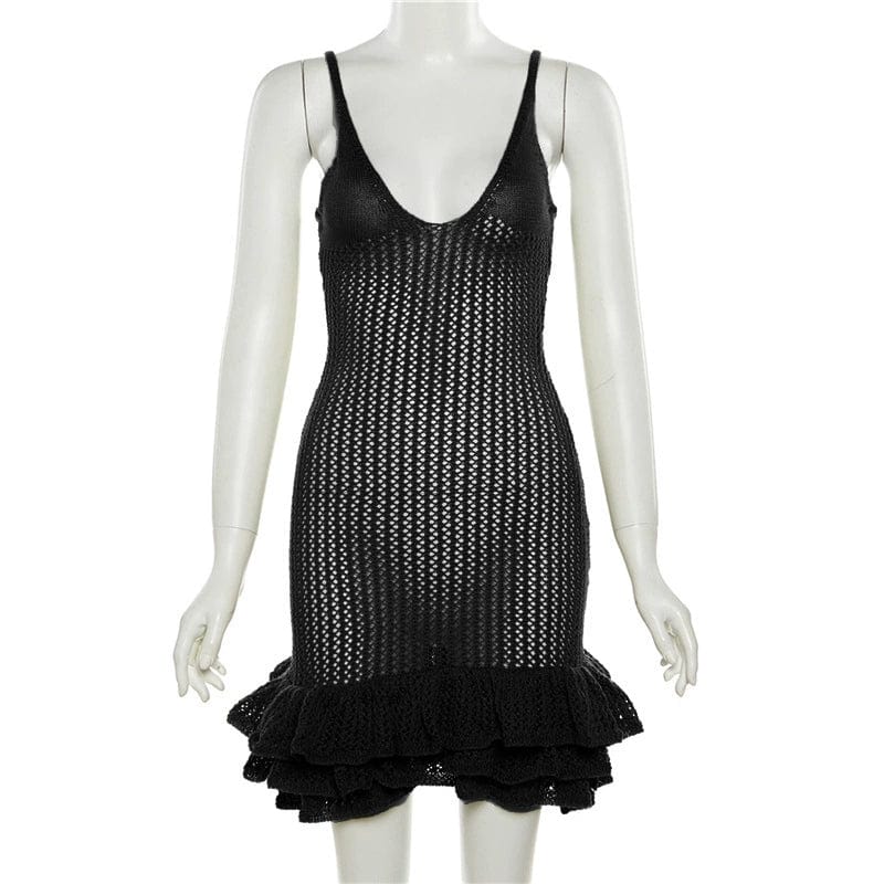 Knee-length Showlu Fashion sultry knitted cut-out sling dress with stylish design and fitted silhouette, ideal for fashionable occasions.
