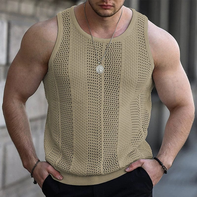 SHOWLU men's white mesh knitting vest, slim fit sleeveless summer shirt for men, lightweight and breathable.