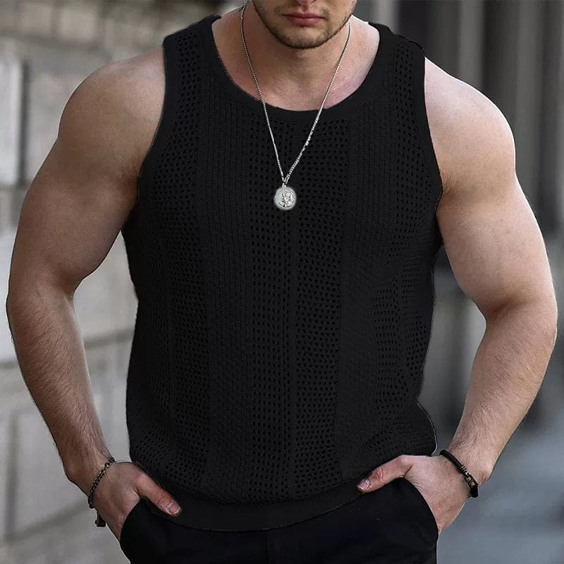 White mesh knitting vest for men by SHOWLU FASHION STORE, slim fit sleeveless summer shirt with a modern, lightweight design.
