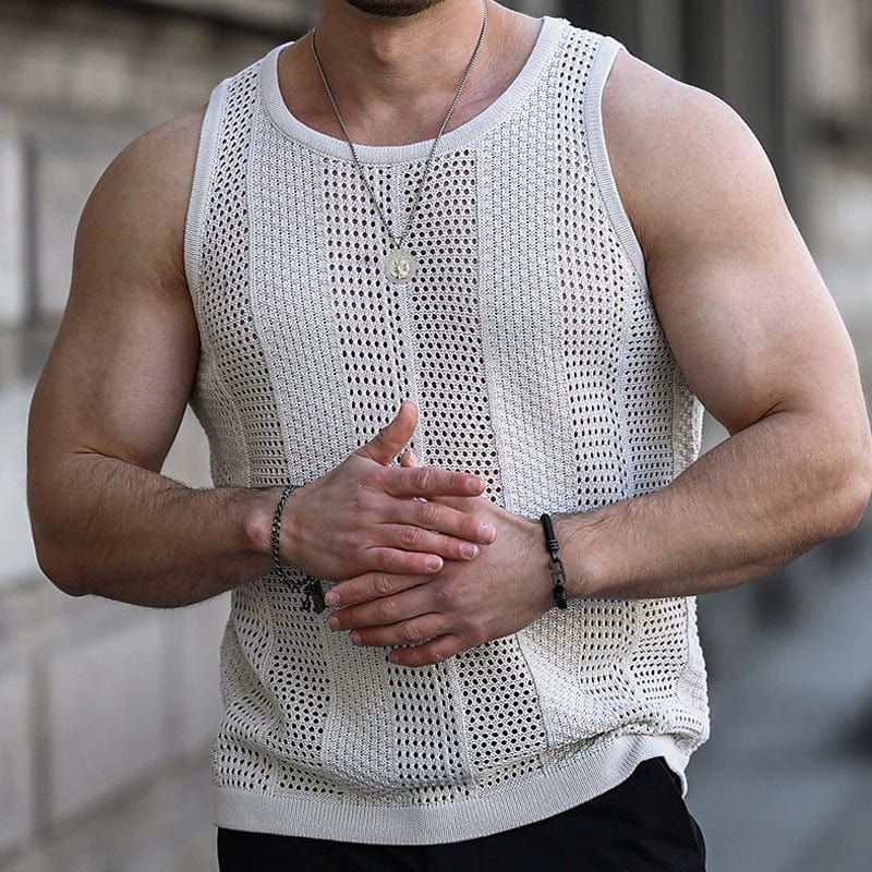 SHOWLU men's white mesh knitting vest, slim fit summer sleeveless shirt, lightweight and stylish for warm weather.