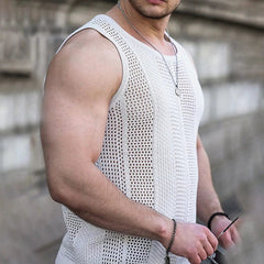 Summer 2024 Export Men's Clothing Fashion White Mesh Knitting Vest Thin Silm Sleeveless Bottoming Shirt Men Vest - SHOWLU FASHION STORE