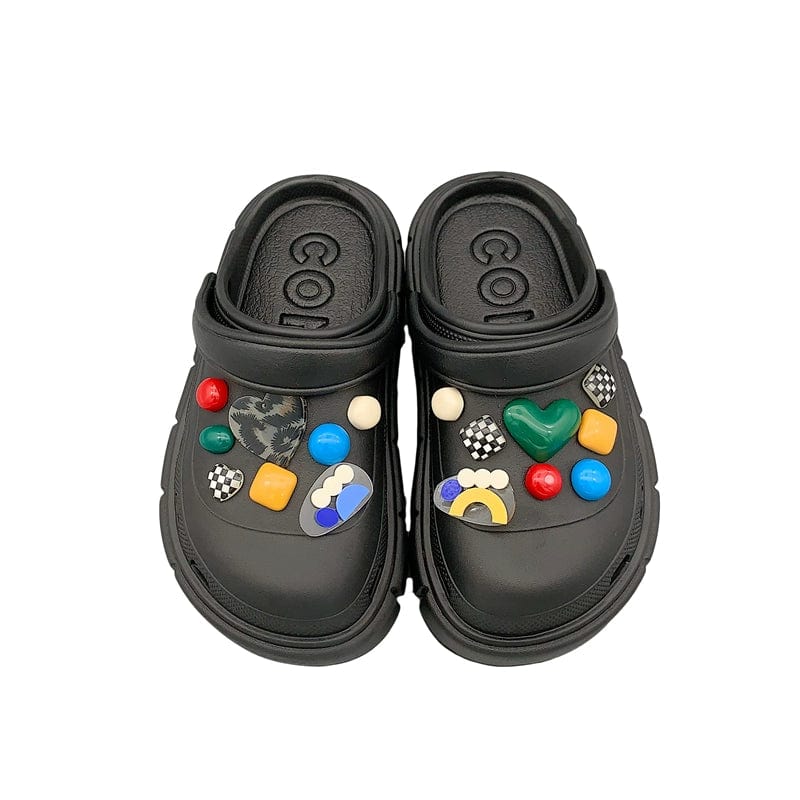 Showlu Black Platform Clogs, Japanese-style EVA beach shoes for women, featuring a chunky platform and comfortable slip-on design.