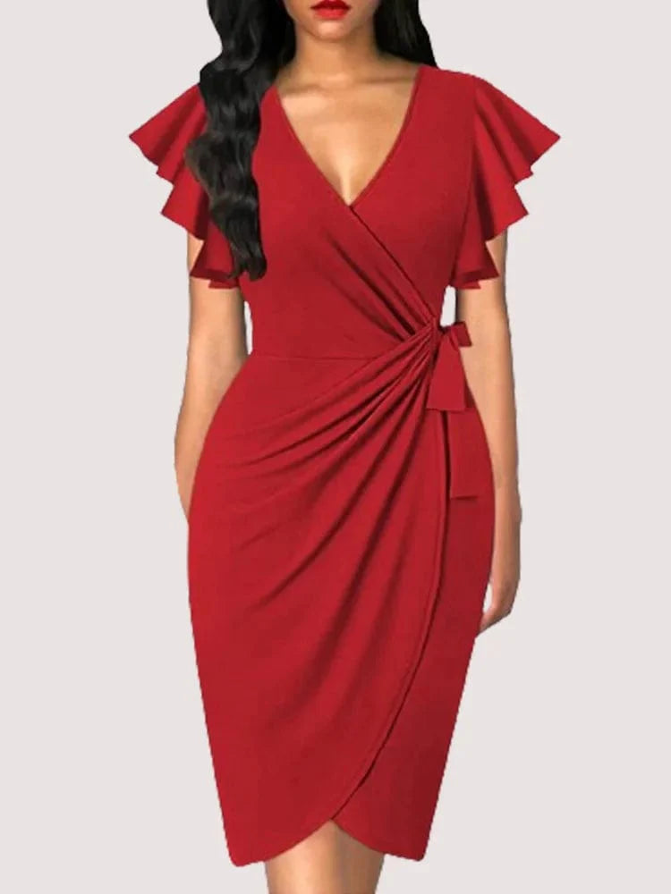 SHOWLU V-Neck Petal Sleeve Bodycon Dress, elegant summer work dress with pleated design and solid color for women.