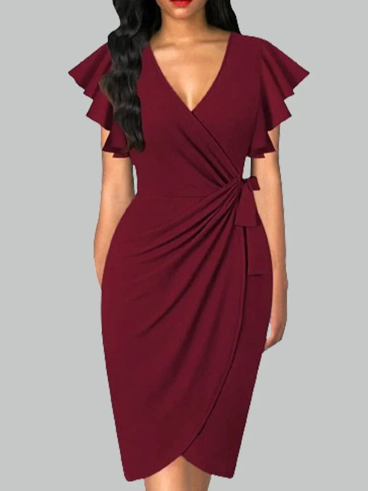 SHOWLU V-Neck Petal Sleeve Bodycon Dress in solid color, elegant summer work dress with pleated details and a flattering fit.