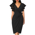 SHOWLU V-Neck Petal Sleeve Bodycon Dress, elegant summer work dress in solid color with pleated design and feminine petal sleeves.