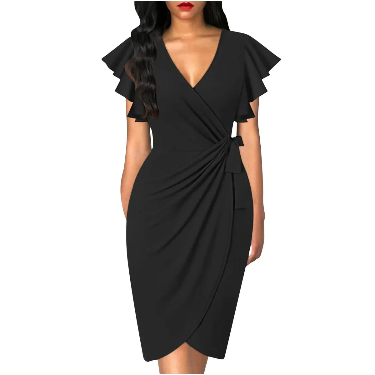 SHOWLU V-Neck Petal Sleeve Bodycon Dress, elegant summer work dress in solid color with pleated design and feminine petal sleeves.