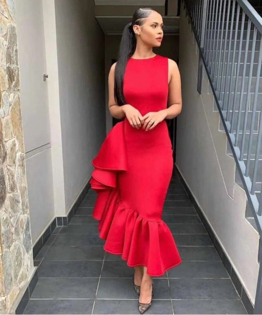 Summer Elegant Sleeveless Ruffle Party Dress African Women Fashion OL Round Neck Sleeveless Slim Ruffle Dress Women - SHOWLU FASHION STORE